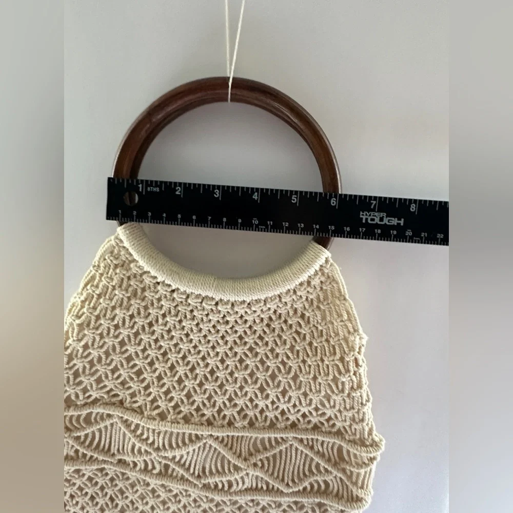Macrame Bag Crochet Handbag Woven Purse Wood Ring Handles Fringe Boho Bag NEW